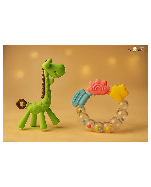 13050229a Baby Teether Set of 2, Soft Silicone Teether(Green Giraffe Teether , BlueRing Teether) - NeonateCare India