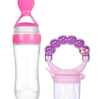 Baby Ring Style Food Fruit Feeder Nibbler and Spoon Feeder - Pink ( color and design may vary) - NeonateCare India