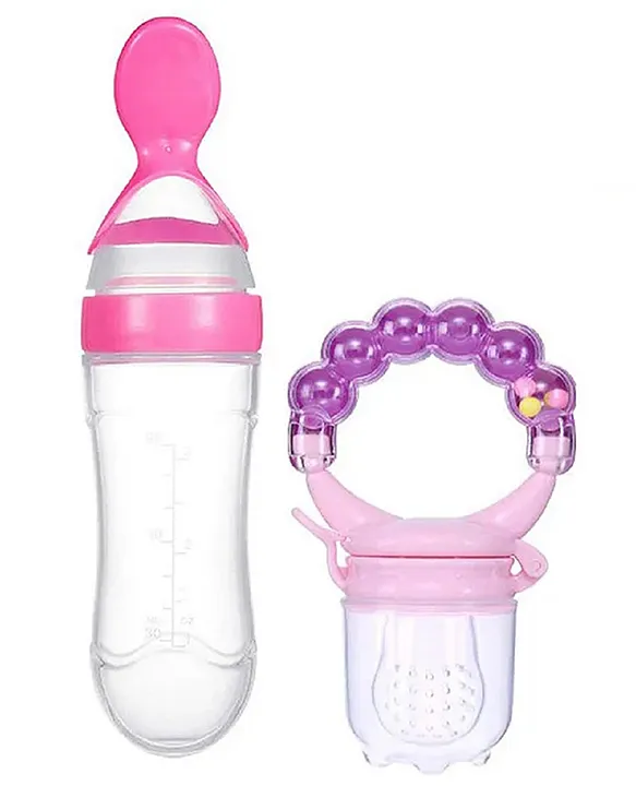 15996733a Baby Ring Style Food Fruit Feeder Nibbler and Spoon Feeder - Pink ( color and design may vary) - NeonateCare India