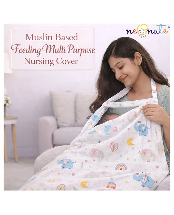 16044141a Multi Purpose Striped Nursing Cover - White Muslin cover Elephant Print - NeonateCare India