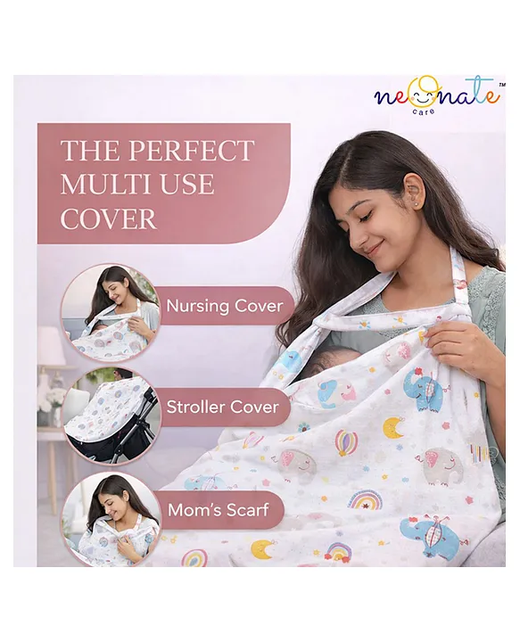 Multi Purpose Striped Nursing Cover - White Muslin cover Elephant Print