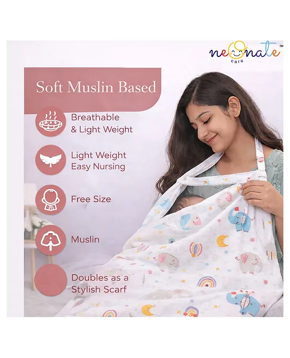 Multi Purpose Striped Nursing Cover - White Muslin cover Elephant Print