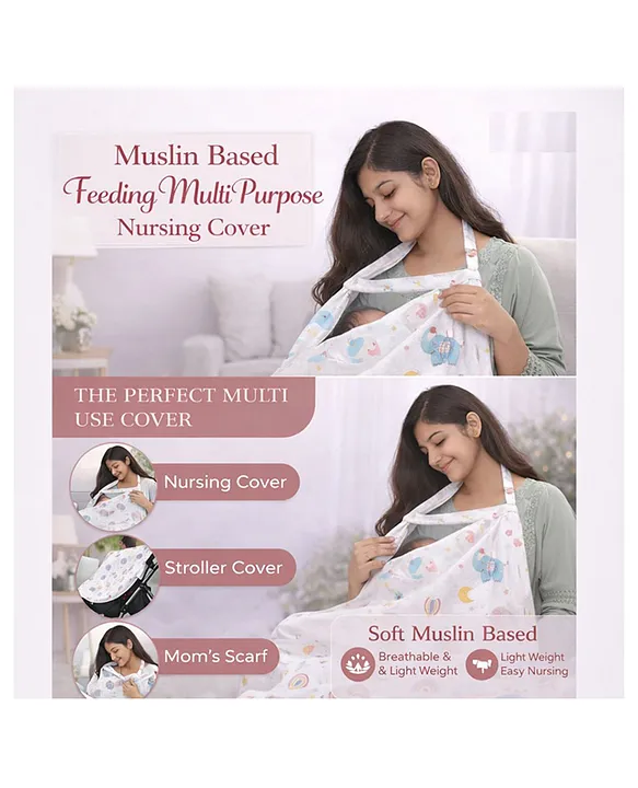 Multi Purpose Striped Nursing Cover - White Muslin cover Elephant Print