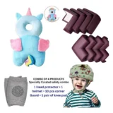 Baby Helmet(green jungle helmet) Baby Head Protection Cushion Backpack(unicorn head protector)With Knee pad(multicolor) and 10 pcs corner guards (pack of 4 utility items) - NeonateCare India