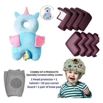 Baby Helmet(green jungle helmet) Baby Head Protection Cushion Backpack(unicorn head protector)With Knee pad(multicolor) and 10 pcs corner guards (pack of 4 utility items) - NeonateCare India
