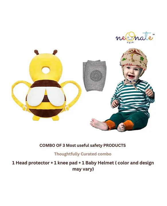 18632250a Baby safety Combo of Baby Helmet and Baby Head Protector Cushion Backpack with knee pads (Cream jungle Helmet + Yellow Head protector + knee pads) (pack of 3) - NeonateCare India