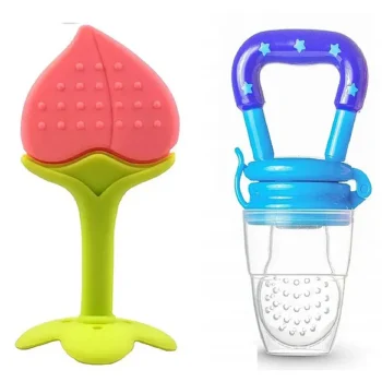 Baby Silicone Fruit Teether & Fruit Feeder Combo - Pink Fruit teether & Blue Fruit Feeder ( Pack of 2) - NeonateCare India
