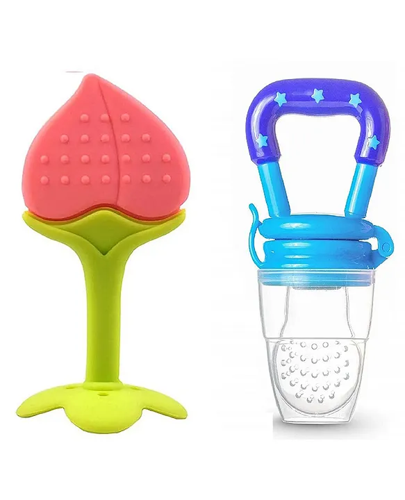 20621007a Baby Silicone Fruit Teether & Fruit Feeder Combo - Pink Fruit teether & Blue Fruit Feeder ( Pack of 2) - NeonateCare India