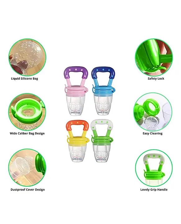 Baby Silicone Fruit Teether & Fruit Feeder Combo - Pink Fruit teether & Blue Fruit Feeder ( Pack of 2)