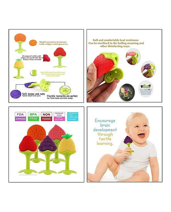 Baby Silicone Fruit Teether & Fruit Feeder Combo - Pink Fruit teether & Blue Fruit Feeder ( Pack of 2)