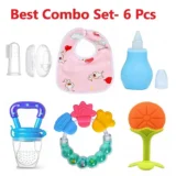 combo of must have essentials - ( 1 white finger brush, 1 bibs, 1 blue nose cleaner, 1 blue fruit feeder, 1 green ring teether, 1 orange Fruit teether) - NeonateCare India