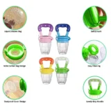 combo of must have essentials - ( 1 white finger brush, 1 bibs, 1 blue nose cleaner, 1 blue fruit feeder, 1 green ring teether, 1 orange Fruit teether) - NeonateCare India