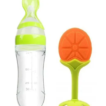 combo of spoon feeder and fruit teether - (Green Spoon feeder, Orange Fruit teether) - NeonateCare India