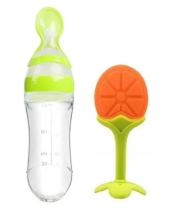 20621019a combo of spoon feeder and fruit teether - (Green Spoon feeder, Orange Fruit teether) - NeonateCare India