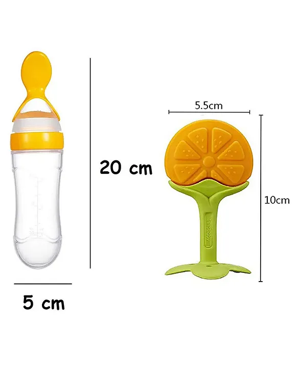combo of spoon feeder and fruit teether - (Green Spoon feeder, Orange Fruit teether)