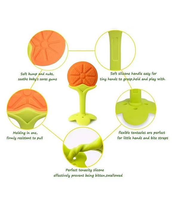 combo of spoon feeder and fruit teether - (Green Spoon feeder, Orange Fruit teether)