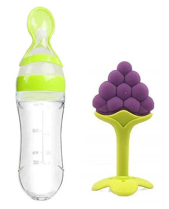 20621021a combo of spoon feeder and fruit teether - (Green Spoon feeder, Grapes Fruit teether) - NeonateCare India
