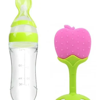 combo of spoon feeder and fruit teether - (Green Spoon feeder, Pink Fruit teether) - NeonateCare India