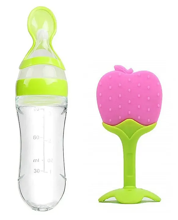 20621023a combo of spoon feeder and fruit teether - (Green Spoon feeder, Pink Fruit teether) - NeonateCare India