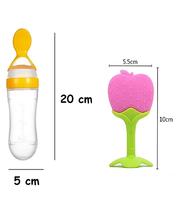 combo of spoon feeder and fruit teether - (Green Spoon feeder, Pink Fruit teether)