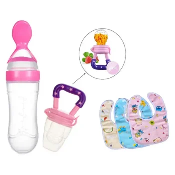 New Born Feeding Starter Kit with Spoon Feeder Fruit Feeder and 3 Cotton Bibs - ( pink spoon feeder, pink fruit feeder, 3 multicolor Bibs) - NeonateCare India