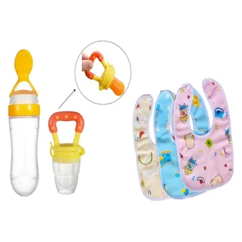 New Born Feeding Starter Kit with Spoon Feeder Fruit Feeder and 3 Cotton Bibs - ( Yellow spoon feeder, Yellow fruit feeder, 3 multicolor Bibs) - NeonateCare India