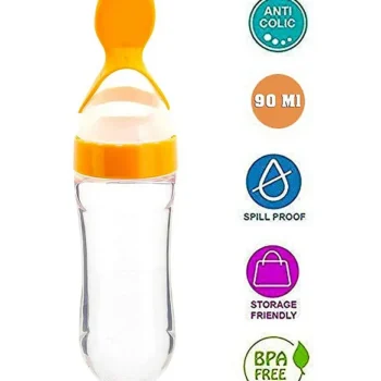 New Born Feeding Starter Kit with Spoon Feeder Fruit Feeder and 3 Cotton Bibs - ( Yellow spoon feeder, Yellow fruit feeder, 3 multicolor Bibs) - NeonateCare India