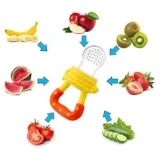 New Born Feeding Starter Kit with Spoon Feeder Fruit Feeder and 3 Cotton Bibs - ( Yellow spoon feeder, Yellow fruit feeder, 3 multicolor Bibs) - NeonateCare India