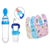 New Born Feeding Starter Kit with Spoon Feeder Fruit Feeder and 3 Cotton Bibs - ( Blue spoon feeder, Blue fruit feeder, 3 multicolor Bibs) - Blue - NeonateCare India
