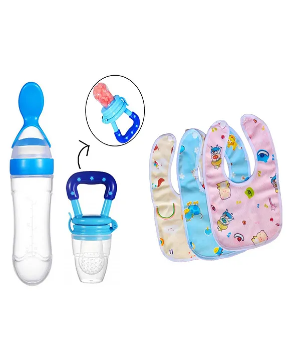 20621049a New Born Feeding Starter Kit with Spoon Feeder Fruit Feeder and 3 Cotton Bibs - ( Blue spoon feeder, Blue fruit feeder, 3 multicolor Bibs) - Blue - NeonateCare India
