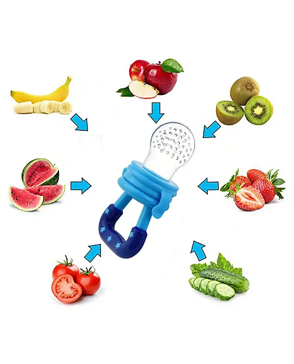 New Born Feeding Starter Kit with Spoon Feeder Fruit Feeder and 3 Cotton Bibs - ( Blue spoon feeder, Blue fruit feeder, 3 multicolor Bibs) - Blue