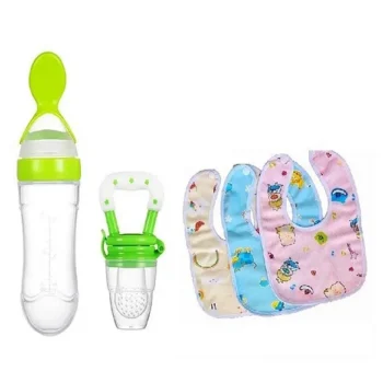 New Born Feeding Starter Kit with Spoon Feeder Fruit Feeder and 3 Cotton Bibs - ( Green spoon feeder, Green fruit feeder, 3 multicolor Bibs) - Green - NeonateCare India