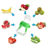 New Born Feeding Starter Kit with Spoon Feeder Fruit Feeder and 3 Cotton Bibs - ( Green spoon feeder, Green fruit feeder, 3 multicolor Bibs) - Green - NeonateCare India