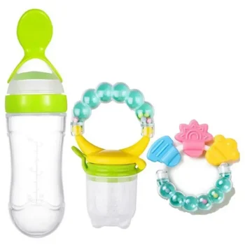Combo of Silicone Squeezy Spoon Feeder Ring Teether and Ring Fruit Feeder ( Spoon Feeder Ring teether Ring Nibbler)- Green - NeonateCare India