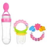 Combo of Silicone Squeezy Spoon Feeder Ring Teether and Ring Fruit Feeder ( Spoon Feeder Ring teether Ring Nibbler)- Pink - NeonateCare India