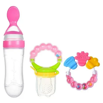 Combo of Silicone Squeezy Spoon Feeder Ring Teether and Ring Fruit Feeder ( Spoon Feeder Ring teether Ring Nibbler)- Pink - NeonateCare India