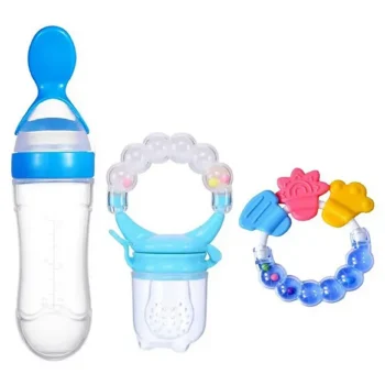 Combo of Silicone Squeezy Spoon Feeder Ring Teether and Ring Fruit Feeder ( Spoon Feeder Ring Teether Ring Nibbler)- Blue - NeonateCare India