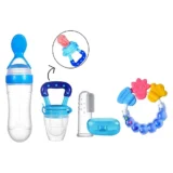 Combo of Squeezy Spoon Feeder Ring Teether Finger Toothbrush and Fruit Feeder ( Spoon Feeder Fruit Feeder Ring teether Finger Brush) - Blue - NeonateCare India