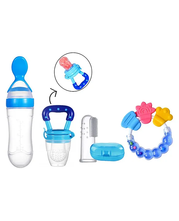 20621054a Combo of Squeezy Spoon Feeder Ring Teether Finger Toothbrush and Fruit Feeder ( Spoon Feeder Fruit Feeder Ring teether Finger Brush) - Blue - NeonateCare India