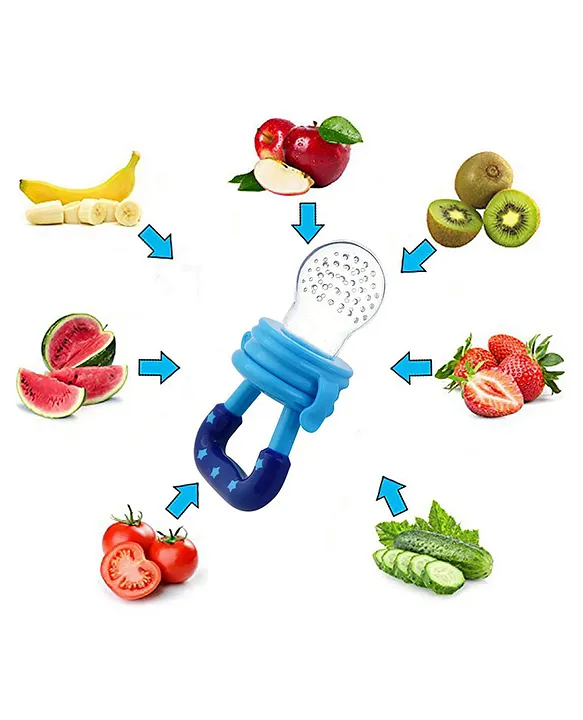 Combo of Squeezy Spoon Feeder Ring Teether Finger Toothbrush and Fruit Feeder ( Spoon Feeder Fruit Feeder Ring teether Finger Brush) - Blue