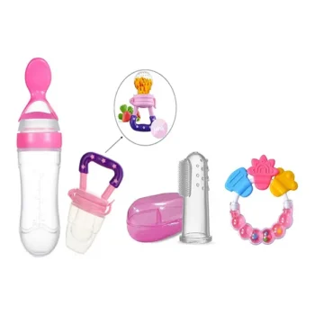 Combo of Squeezy Spoon Feeder Ring Teether Finger Toothbrush and Fruit Feeder ( Spoon Feeder Fruit Feeder Ring teether Finger Brush) - Pink - NeonateCare India