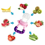 Combo of Squeezy Spoon Feeder Ring Teether Finger Toothbrush and Fruit Feeder ( Spoon Feeder Fruit Feeder Ring teether Finger Brush) - Pink - NeonateCare India