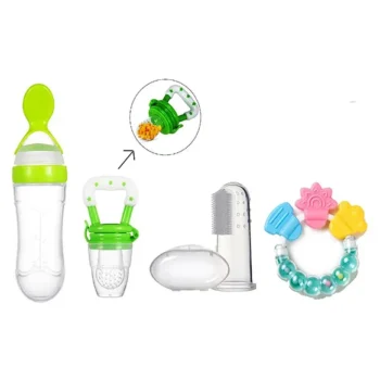 Combo of Squeezy Spoon Feeder Ring Teether Finger Toothbrush and Fruit Feeder ( Spoon Feeder Fruit Feeder Ring teether Finger Brush) - GREEN - NeonateCare India