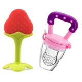 Baby Silicone Fruit Teether & Fruit Feeder Combo - Red Fruit teether & Pink Fruit Feeder - MultiColor - NeonateCare India