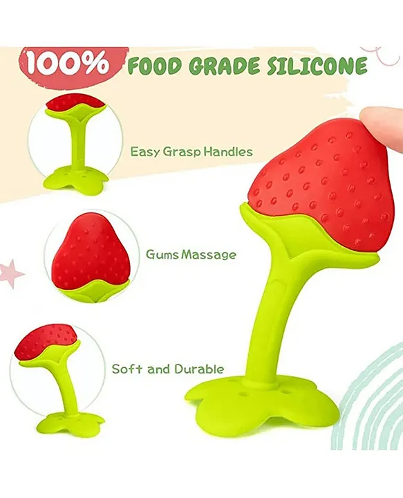 Baby Silicone Fruit Teether & Fruit Feeder Combo - Red Fruit teether & Green Fruit Feeder - MultiColor