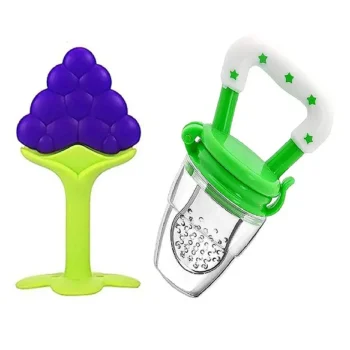 Baby Silicone Fruit Teether & Fruit Feeder Combo - Blue Fruit teether & Green Fruit Feeder - MultiColor - NeonateCare India