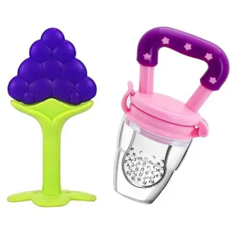 Baby Silicone Fruit Teether & Fruit Feeder Combo - Blue Fruit teether & Pink Fruit Feeder - MultiColor - NeonateCare India