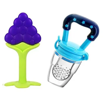 Baby Silicone Fruit Teether & Fruit Feeder Combo - Blue Fruit teether & Blue Fruit Feeder - Blue - NeonateCare India