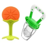 Baby Silicone Fruit Teether & Fruit Feeder Combo - Orange Fruit teether & Green Fruit Feeder - MultiColor - NeonateCare India