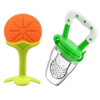 Baby Silicone Fruit Teether & Fruit Feeder Combo - Orange Fruit teether & Green Fruit Feeder - MultiColor - NeonateCare India